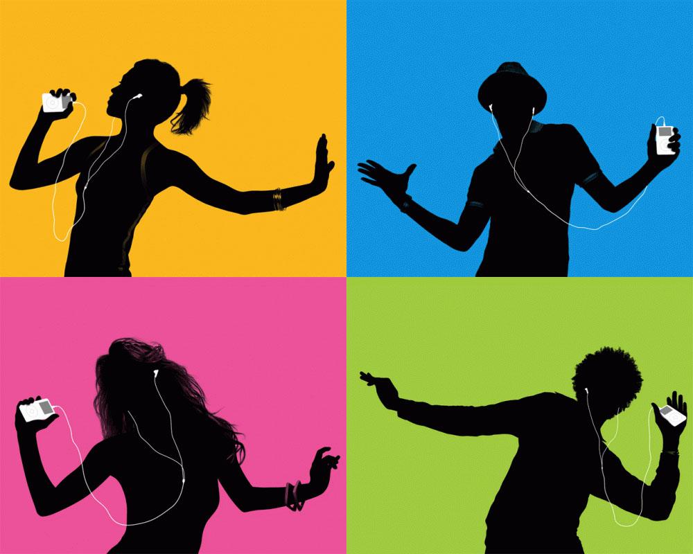 Anuncio de Apple iPod mostrando la silueta negra de una persona bailando sobre un fondo de color plano vibrante, destacando los auriculares blancos.