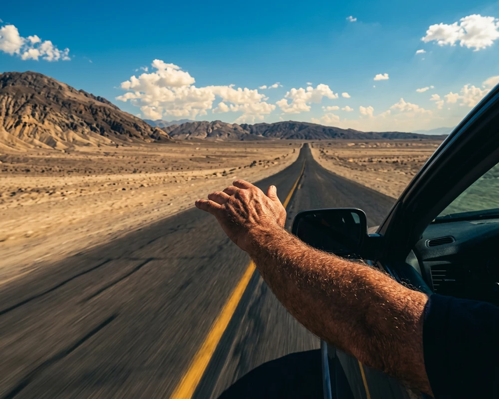 Una mano asomada por la ventanilla de un coche en movimiento sintiendo el viento contra un paisaje natural desenfocado.